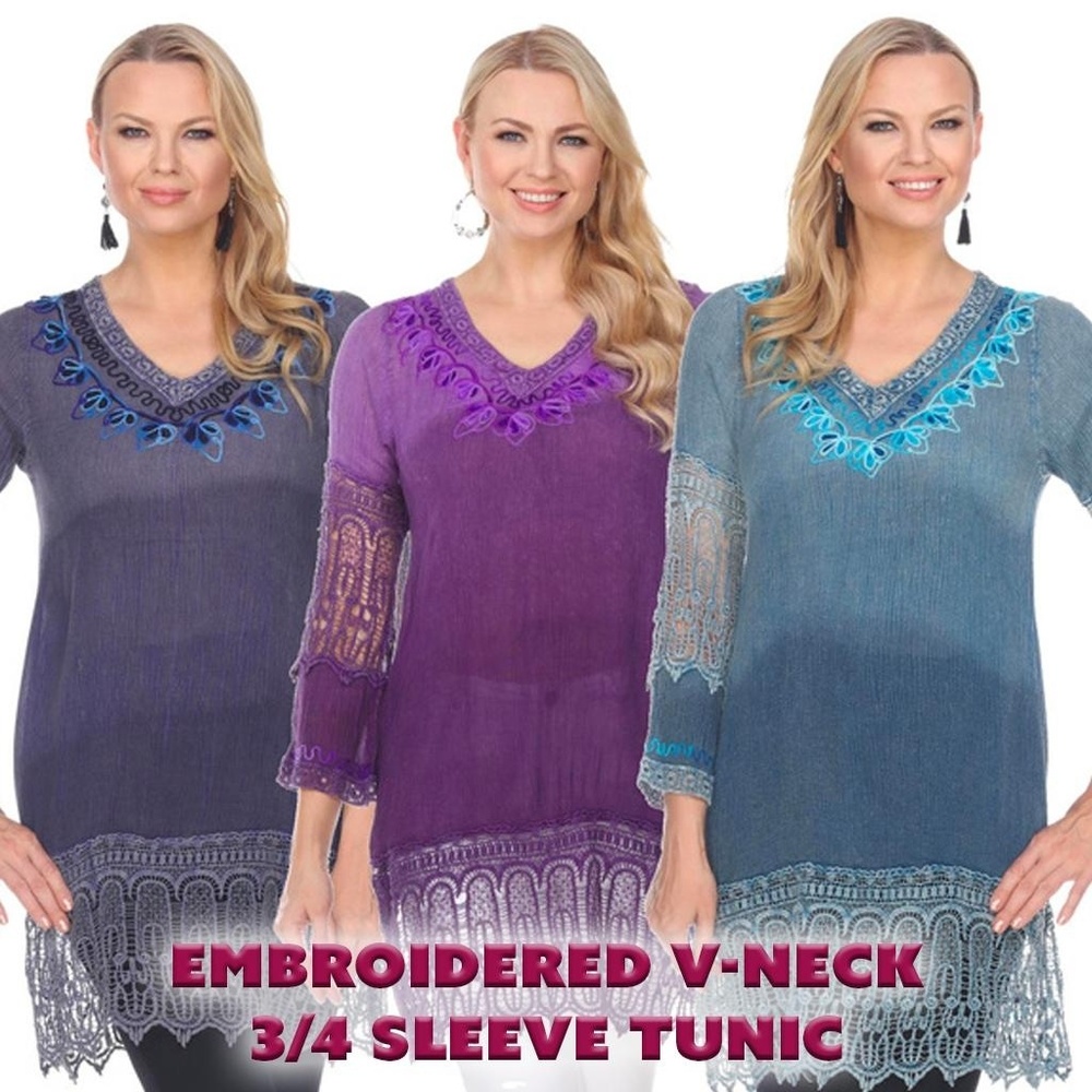 Tunic Embroidered V-Neck 3/4 Sleeve